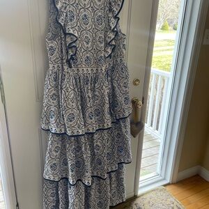 H&M White Maxi Dress with Blue Print and Ruffle Trim